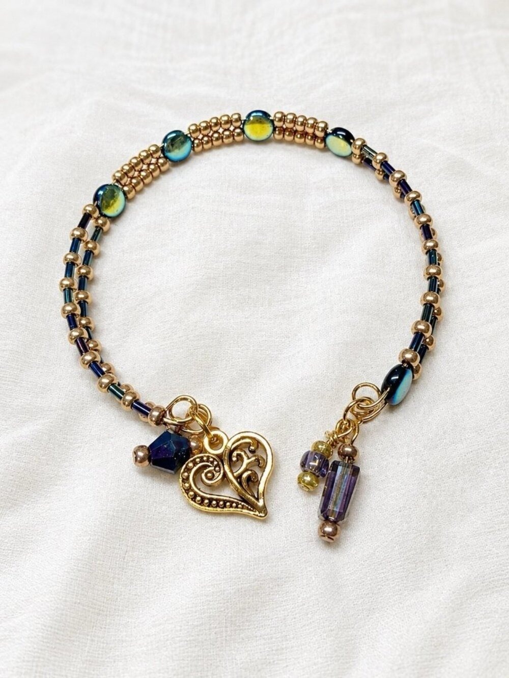 REIMAGINED Blue Purple AB Glass Bead Memory Wire Cuff Bracelet Heart Charm NWT